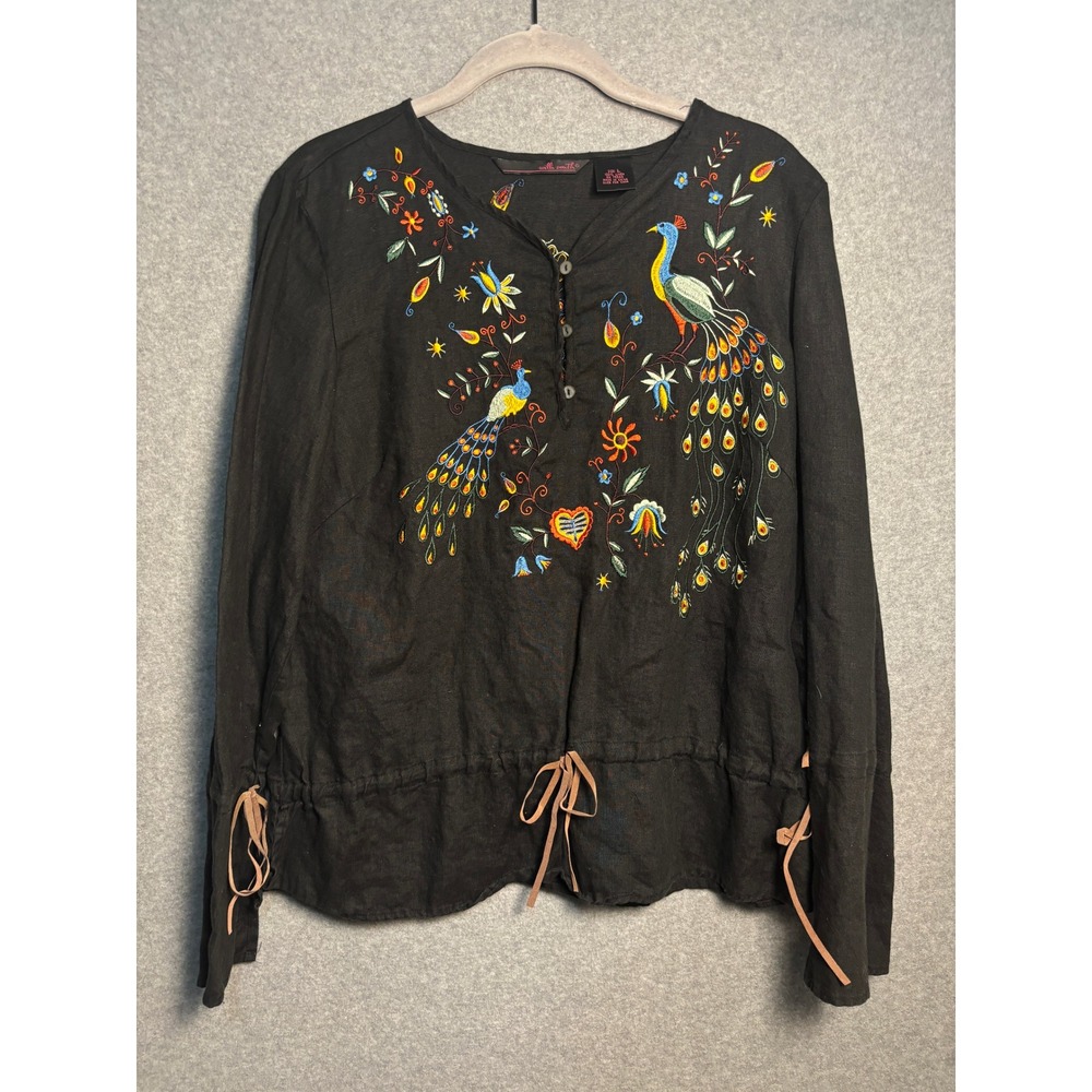 Willi Smith Black Linen Embroidered Peacock Boho Tunic Top Folk Art Blouse